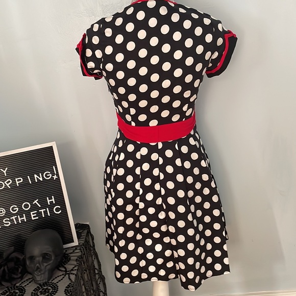 Sourpuss Black and White Polka Dot Mini Dress with Red Accents - Picture 2 of 6